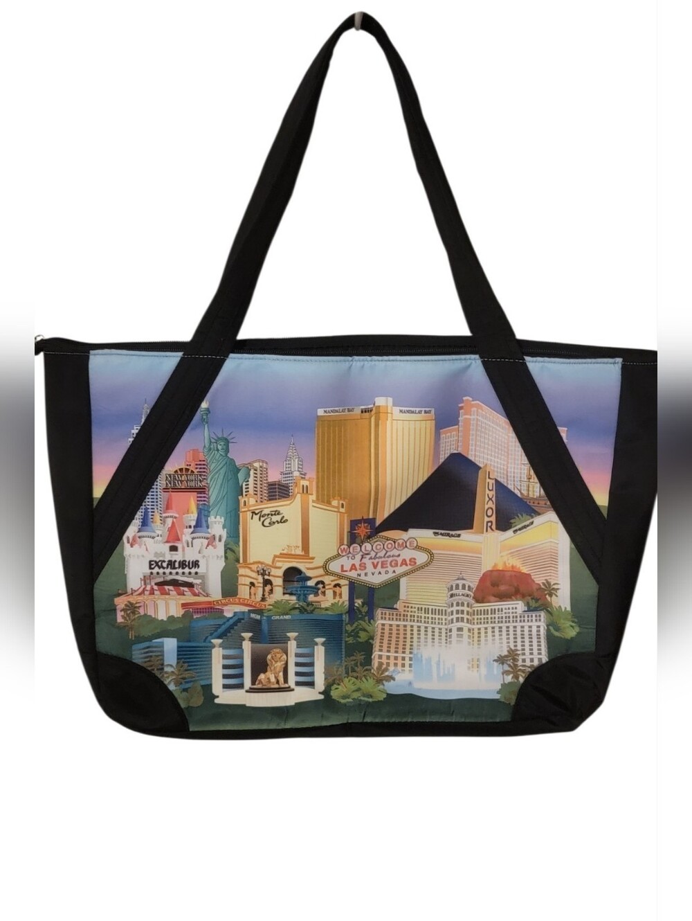Las Vegas Scenic Tote Bag in Black with Multicolor Print- Zippered Top!